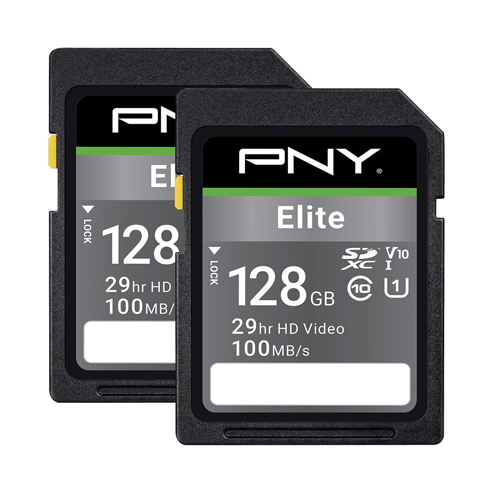 PNY Elite Class 10 U1 V10 100 Mbps SDXC Flash Memory Cards, 128GB, Pack Of 2 Memory Cards