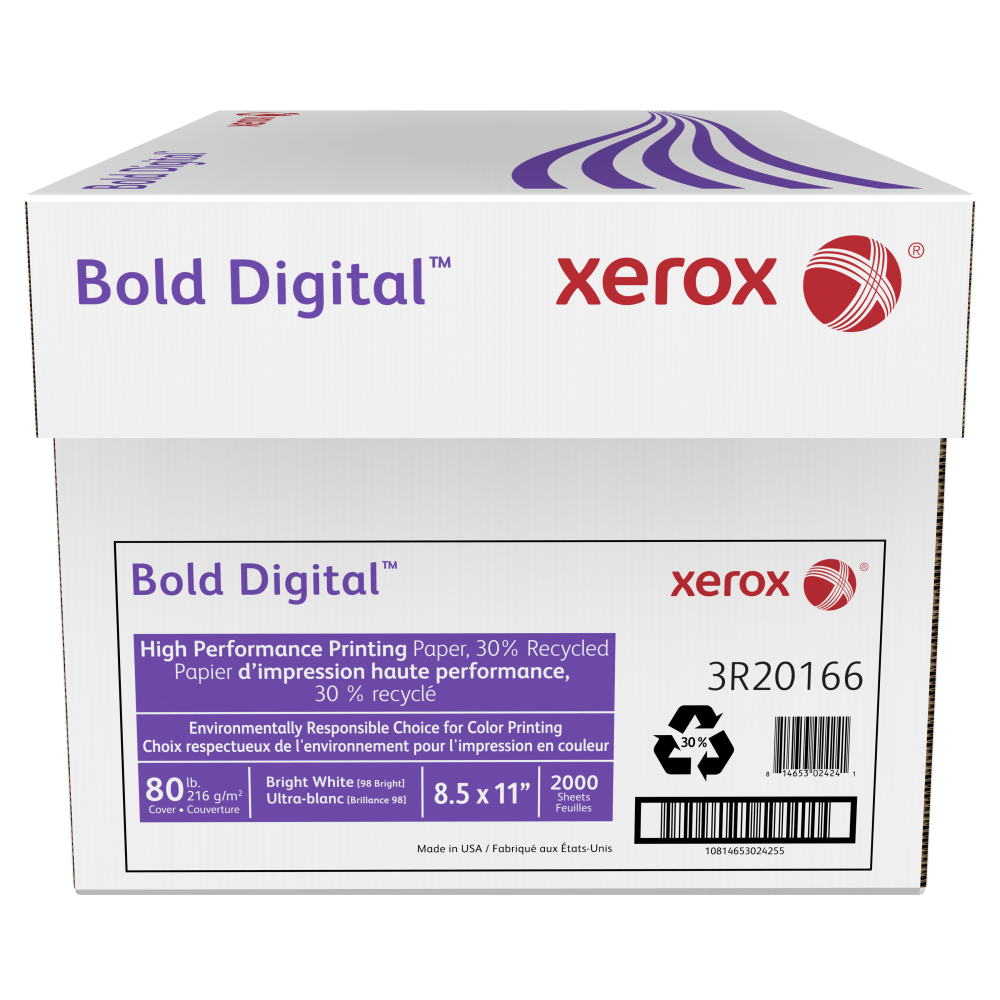 Xerox Bold Digital Printing Paper, Letter Size (8 1/2in x 11in), 2000 Sheets Total, 98 (U.S.) Brightness, 80 Lb Cover (216 gsm), 30% Recycled, FSCCertified, 250 Sheets Per Ream, Case Of 8 Reams