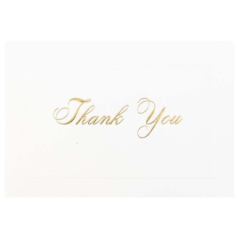 JAM Paper Thank You Card Set, 4 7/8in x 3 3/8in, 80 Lb, Bright White/Gold Script, Set Of 104 Cards And 100 Envelopes