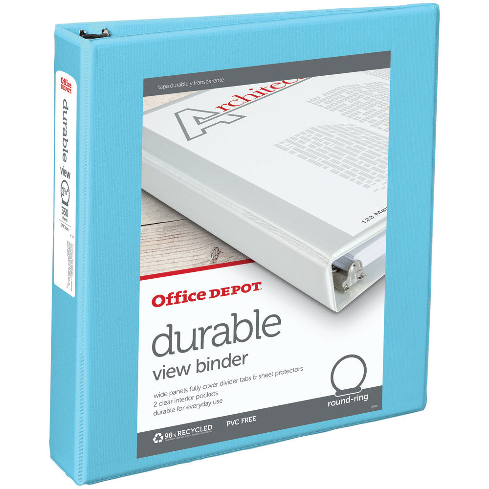 Office Depot Brand 3-Ring Durable View Binder, 1-1/2in Round Rings, Jeweler Blue