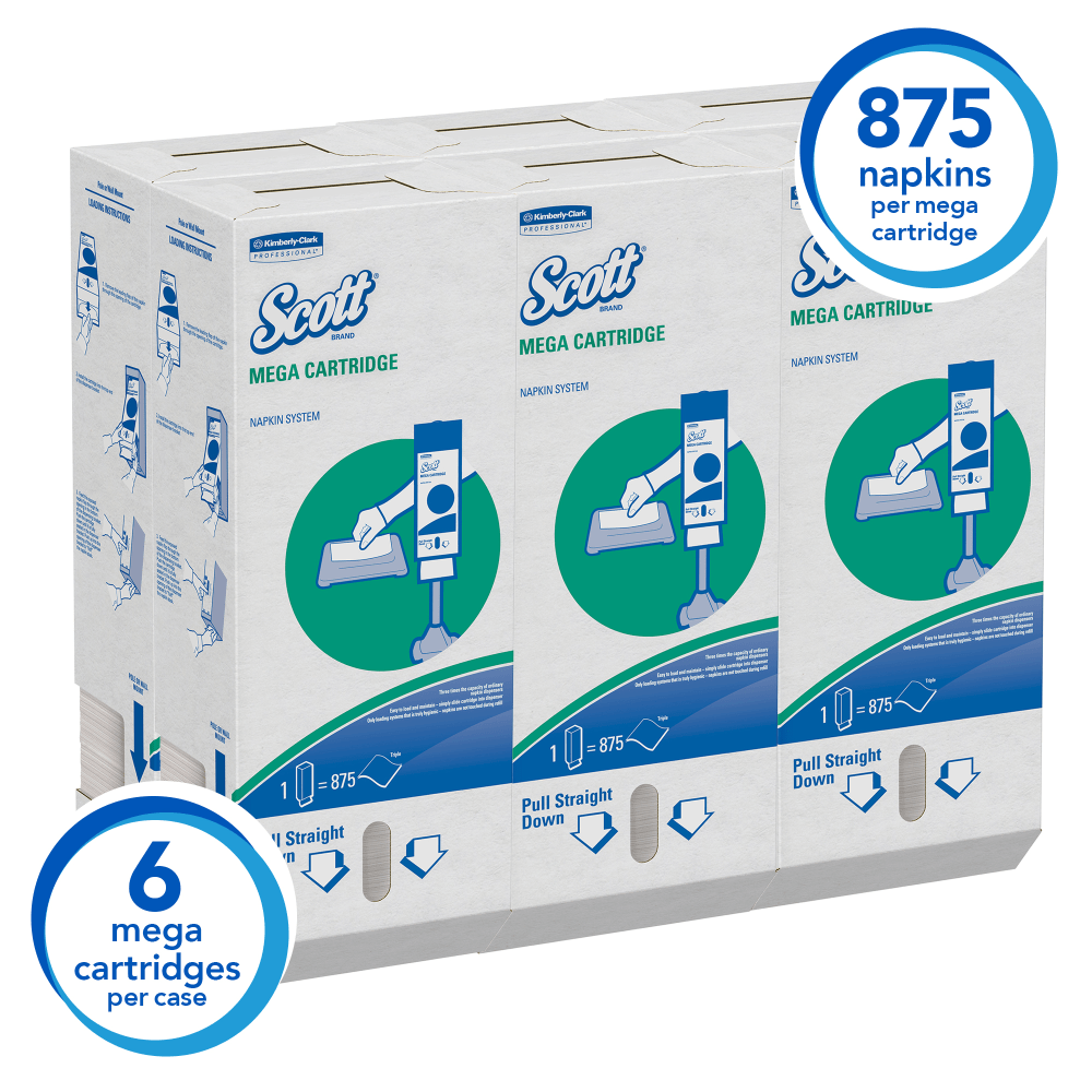 Scott Mega Cartridge 1-Ply Beverage Napkins, 6 1/2in x 8 7/16in, White, 875 Napkins Per Box, Case Of 6 Boxes