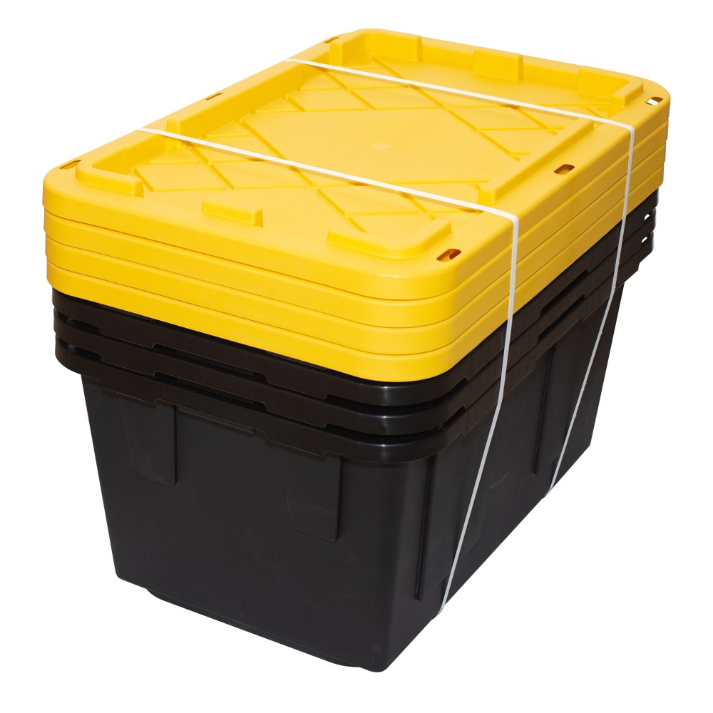 Office Depot Brand by GreenMade Professional Storage Tote With Handles/Snap Lid, 27 Gallon, 30-1/10in x 20-1/4in x 14-3/4in, Black/Yellow, Pack Of 4