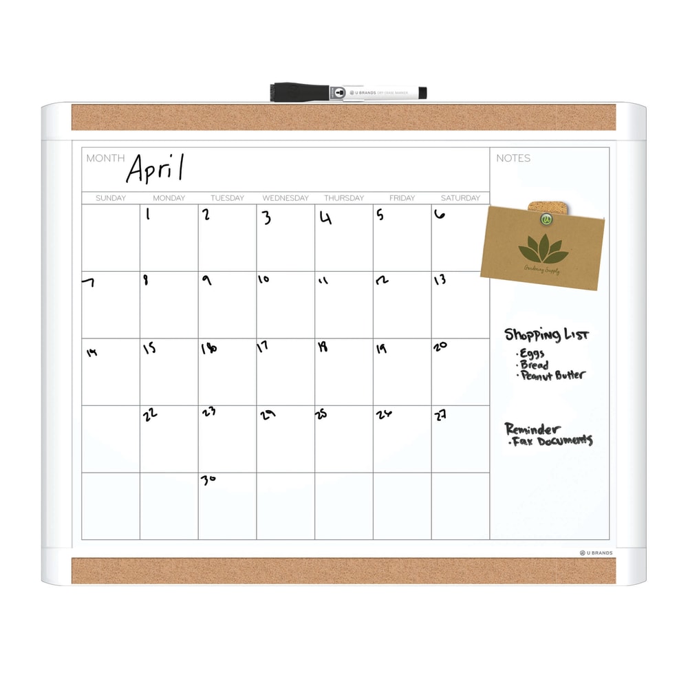 U Brands PINIT Magnetic Dry Erase Monthly Calendar Board, 20in X 16in, White Plastic Frame