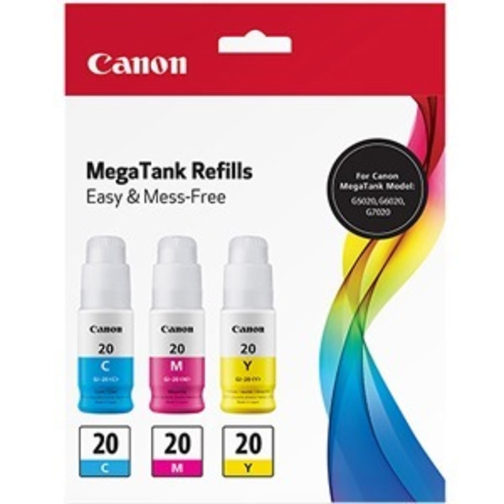 Canon GI-20 InkJet Cyan, Magenta, Yellow Ink Bottle Value Pack, Pack Of 3 Bottles, 3394C003