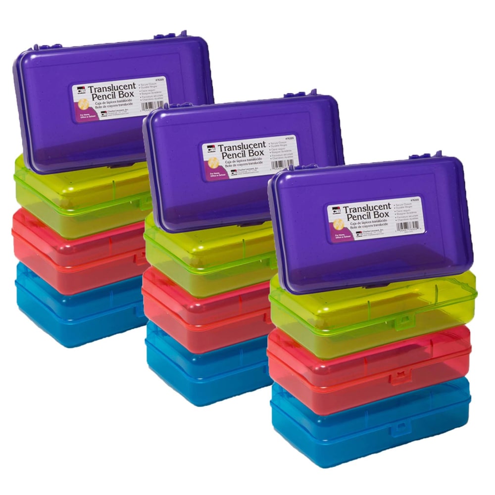 Charles Leonard Translucent Pencil Boxes, 5-1/4in x 2-1/2in x 8-1/4in, Assorted Colors, Pack Of 12 Boxes