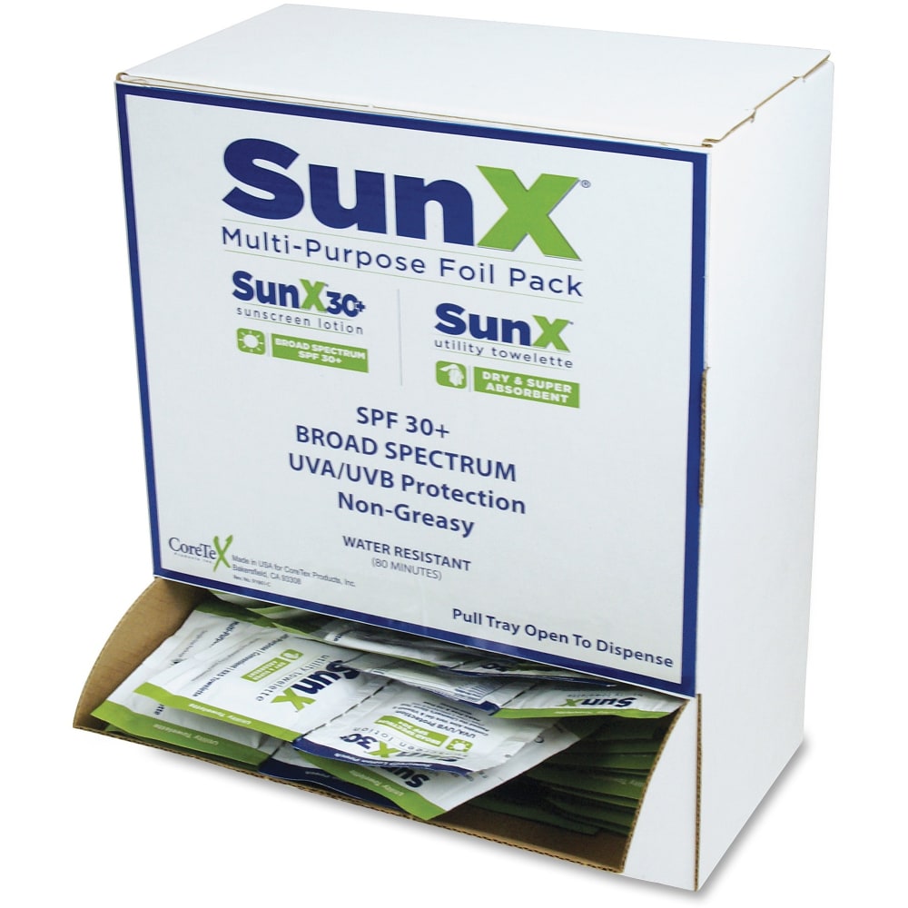 SunX SPF-30 Single-Use Sunscreen Lotion/Towelette Combo in Wallmount Dispenser, Box of 50