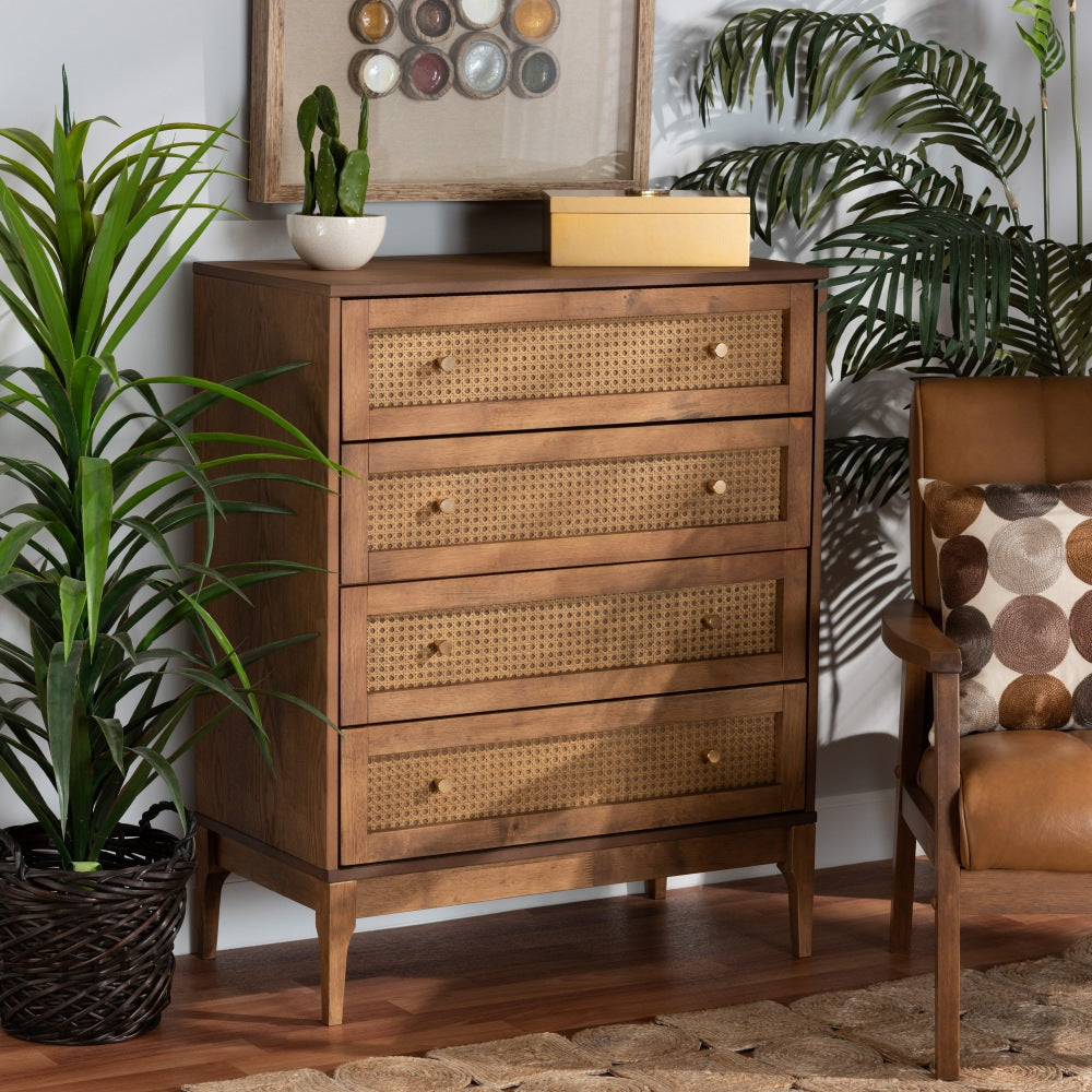 Baxton Studio Ramiel Finished Wood And Rattan 4-Drawer Chest, 37-3/4inH x 30-1/8inW x 15-3/4inD, Natural Brown/Gold