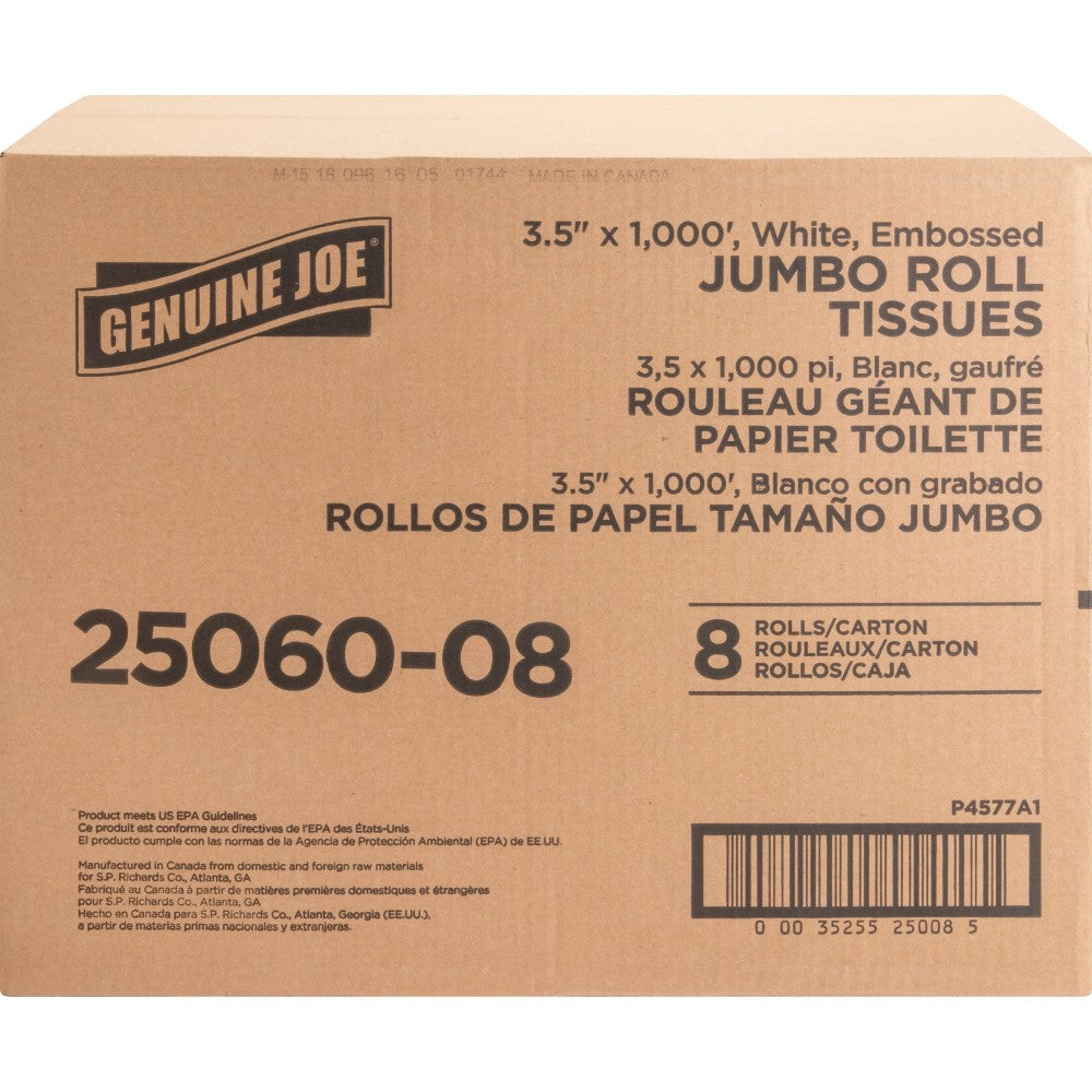 Genuine Joe 2-Ply Embossed Jumbo Roll Toilet Paper, 1000 Sheets Per Roll, Pack Of 8 Rolls