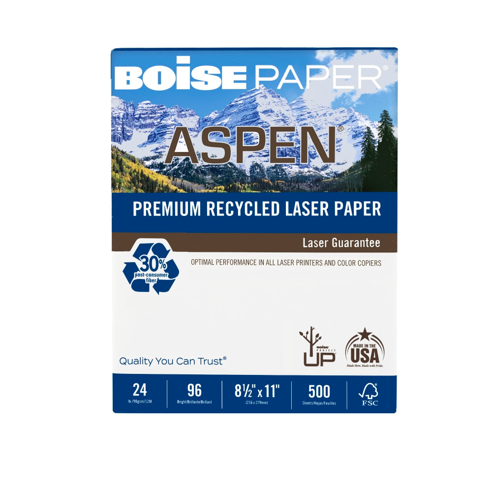 Boise ASPEN Laser Paper, White, Letter Size (8 1/2in x 11in), Ream Of 500 Sheets, 30% Recycled, FSC Certified, 24 Lb, 96 Brightness