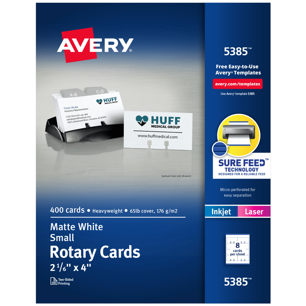 Avery Printable Rotary Cards With Sure Feed Technology, 2-1/6in x 4in, White, Pack Of 400 Blank Cards