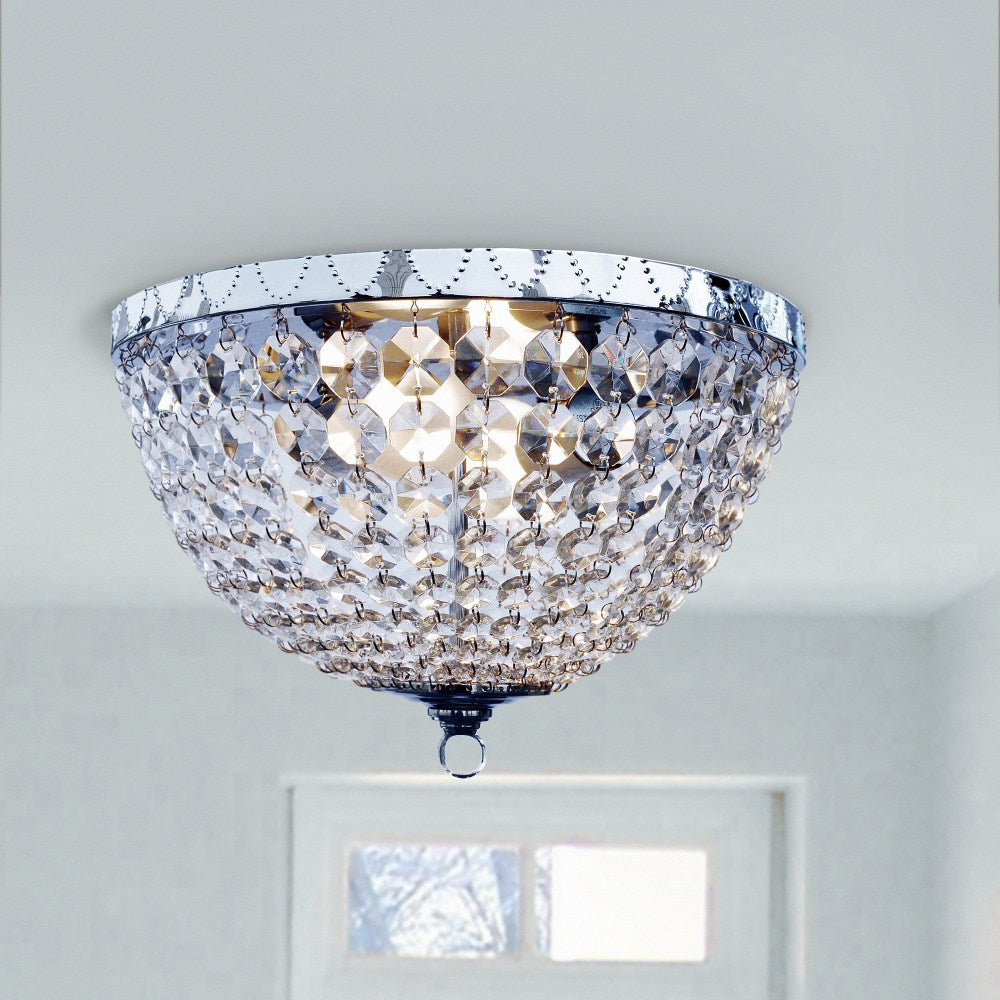 Elegant Designs 2-Light Flush-Mounted Ceiling Light, 13inW, Victoria Crystal Rain Drop, Chrome