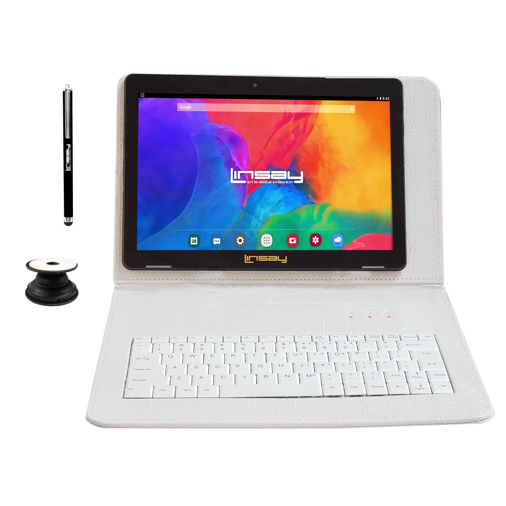 Linsay F10IPS Tablet, 10.1in Screen, 2GB Memory, 64GB Storage, Android 13, White Crocodile Keyboard