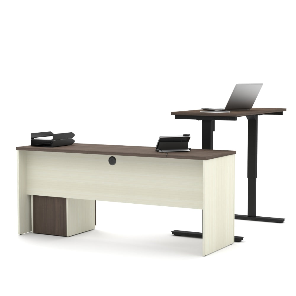 Bestar Prestige + 72inW L-Shaped Standing Corner Desk With Pedestal, White Chocolate/Antigua