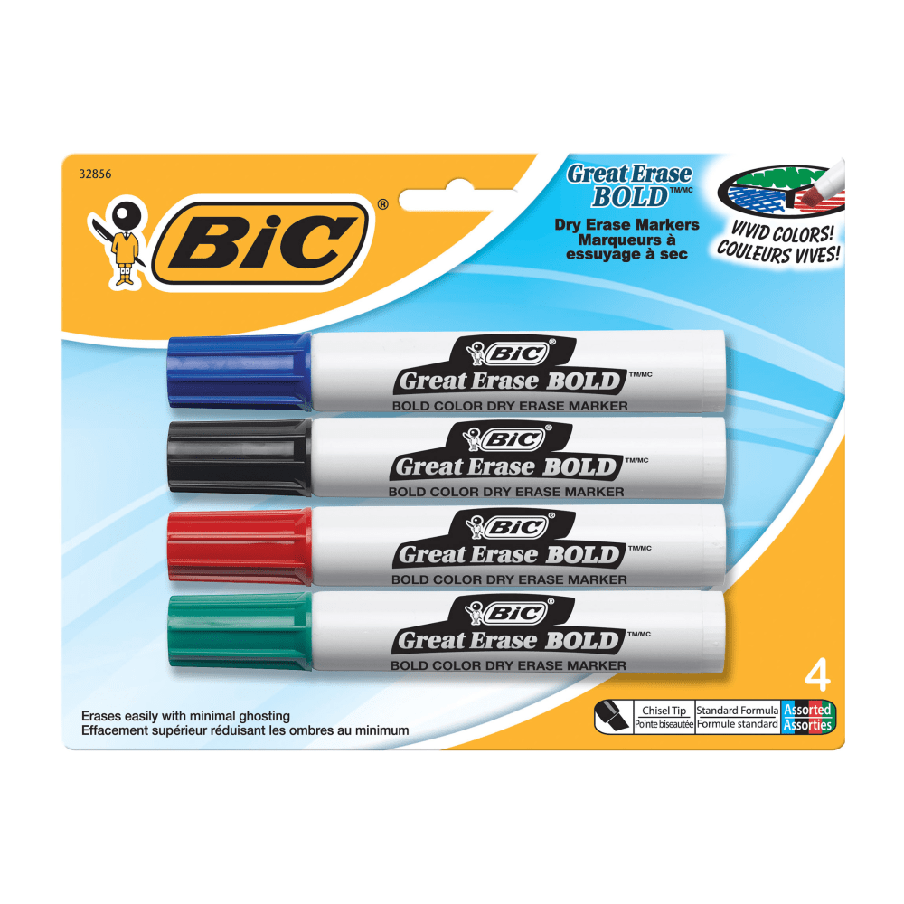 BIC Great Erase Bold Vivid Colors Dry Erase Markers, Chisel Point, Pack Of 4