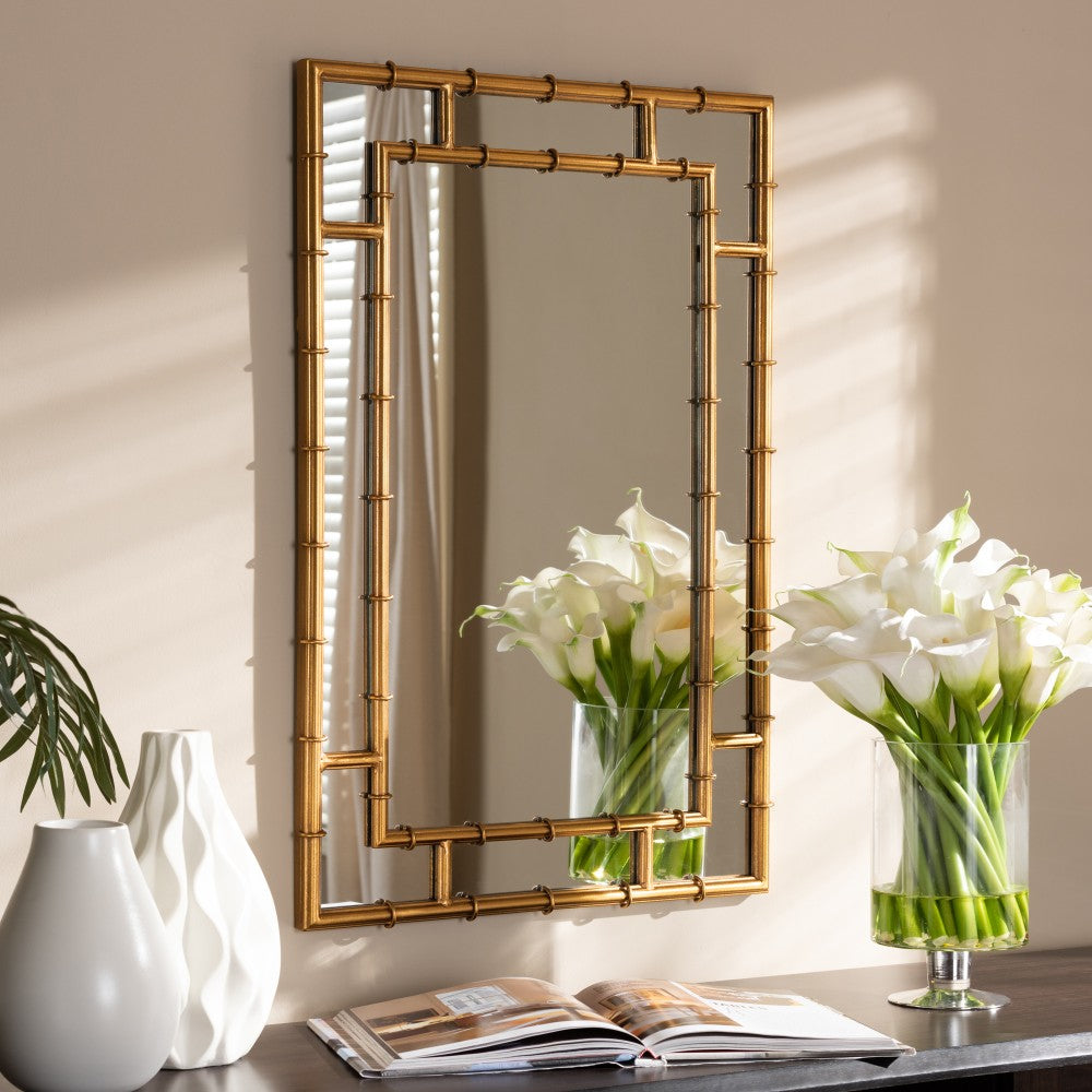 Baxton Studio Bamboo Rectangular Accent Wall Mirror, 32-1/4in x 21-1/2in, Antique Gold