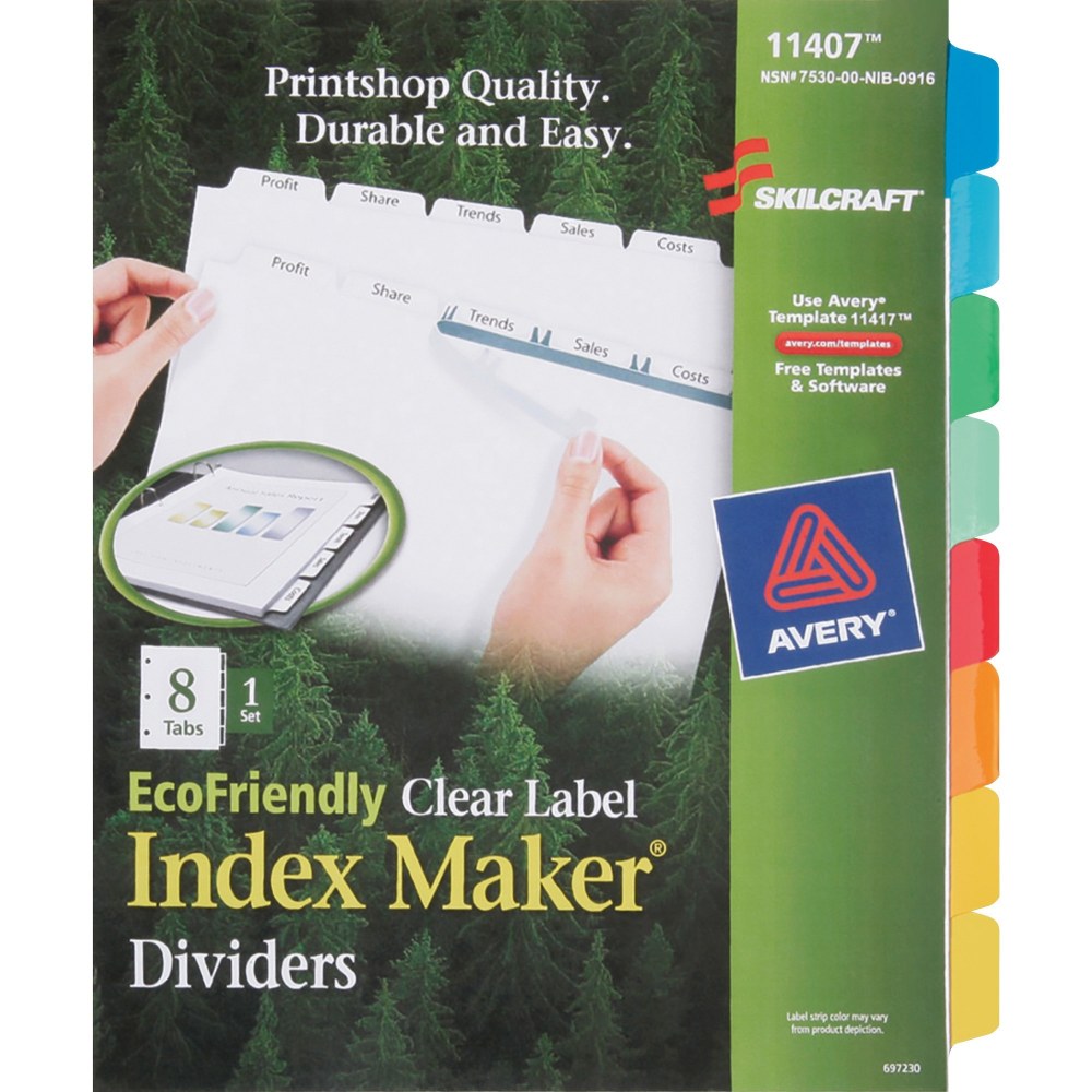 SKILCRAFT Index Maker Label Dividers, Clear, Set of 8.