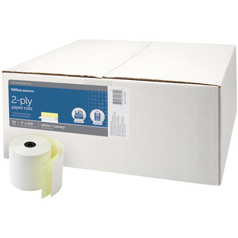 Office Depot Brand 2-Ply POS & Credit Card Carbonless Rolls, 3in x 100ft, White/Canary, Pack Of 50