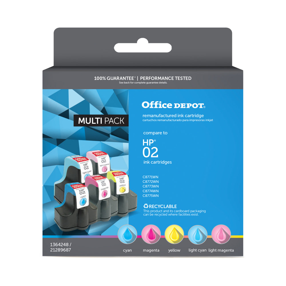 Office Depot Brand Remanufactured Cyan, Light Cyan, Magenta, Light Magenta, Yellow Ink Cartridge Replacement For HP 02, Pack Of 5