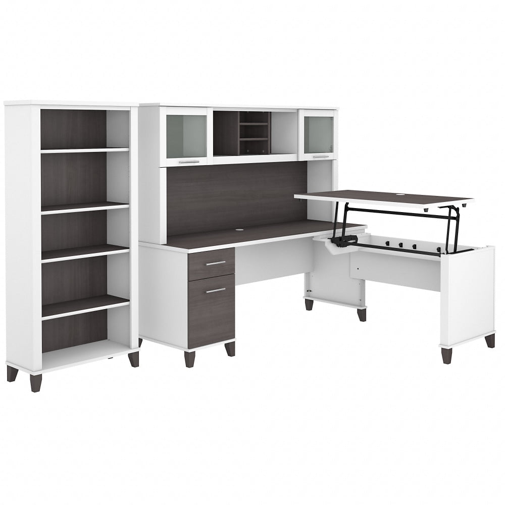 Bush Furniture Somerset 72inW 3-Position Sit-to-Stand L-Shaped Desk With Hutch And Bookcase, Storm Gray/White, Standard Delivery