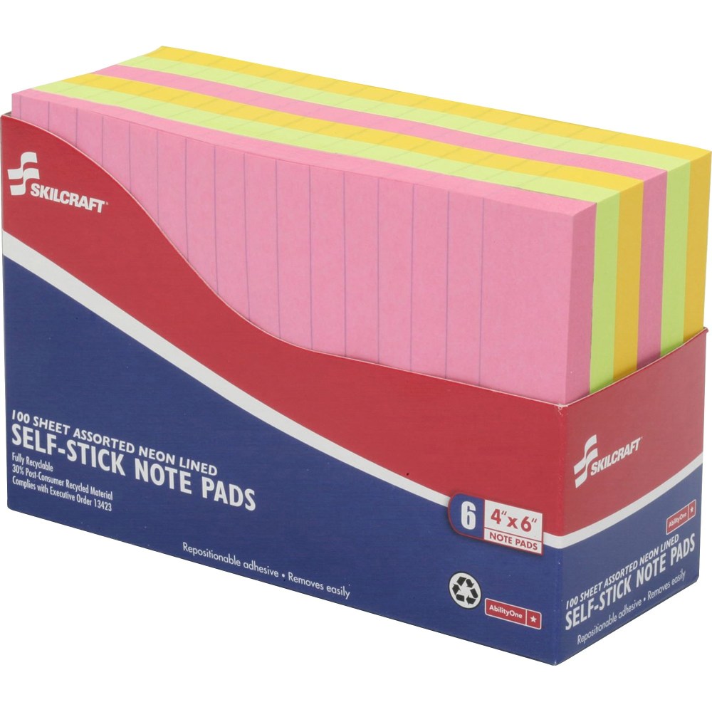 SKILCRAFT Self-Stick Note Pads, 600 Total Notes, Pack Of 6 Pads, 4in x 6in, Assorted Neon, 100 Notes Per Pad