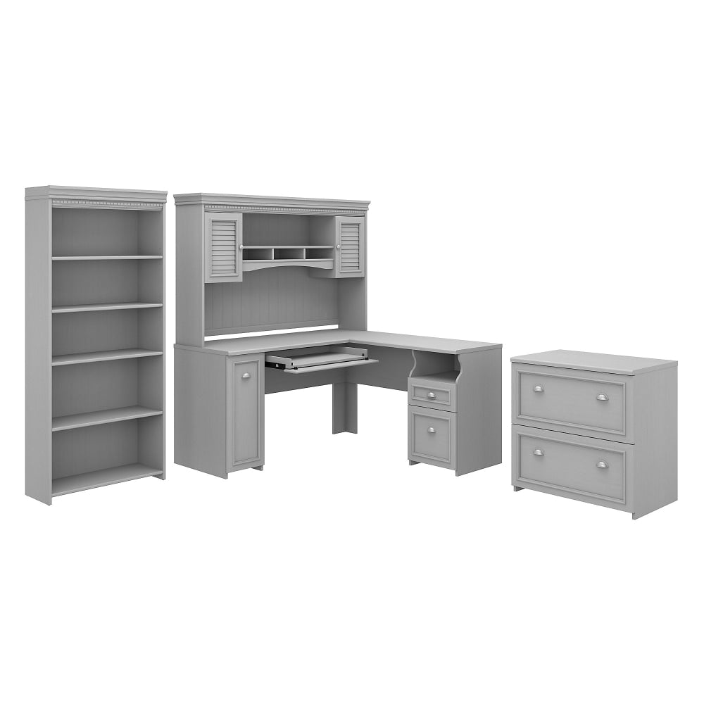 Bush Business Furniture Fairview 60inW L-Shaped Corner Desk With Hutch, Lateral File Cabinet And 5-Shelf Bookcase, Cape Cod Gray, Standard Delivery