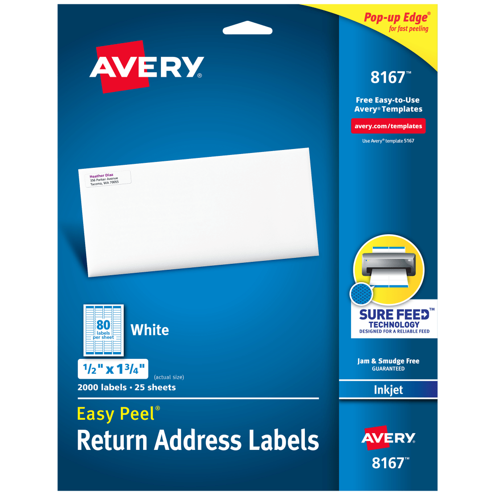 Avery Easy Peel Return Address Labels With Sure Feed Technology, 8167, Rectangle, 1/2in x 1-3/4in, White, Pack Of 2,000