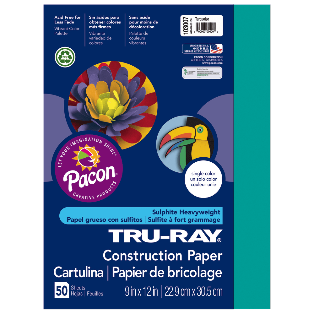 Tru-Ray Construction Paper, 50% Recycled, 9in x 12in, Turquoise, Pack Of 50