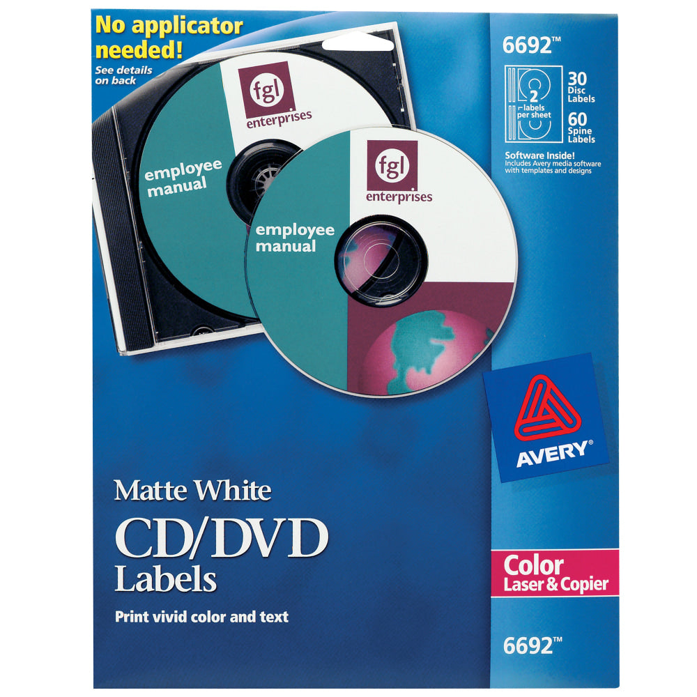 Avery CD/DVD Print-to-the-Edge Labels, 6692, Round, 4.65in Diameter, White, 30 Disc Labels And 60 Spine Labels