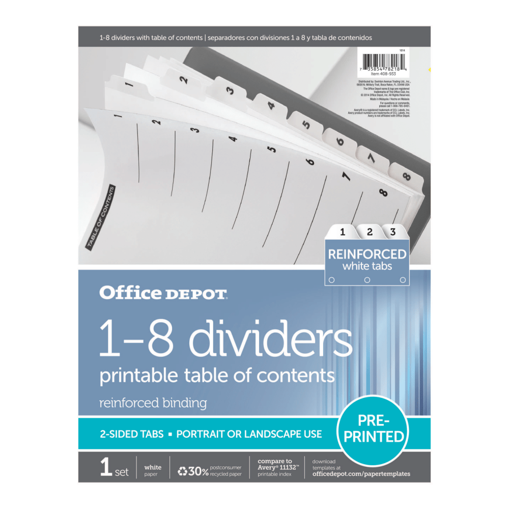 Office Depot Brand Table Of Contents Customizable Index With Preprinted Tabs, White, Numbered 1-8