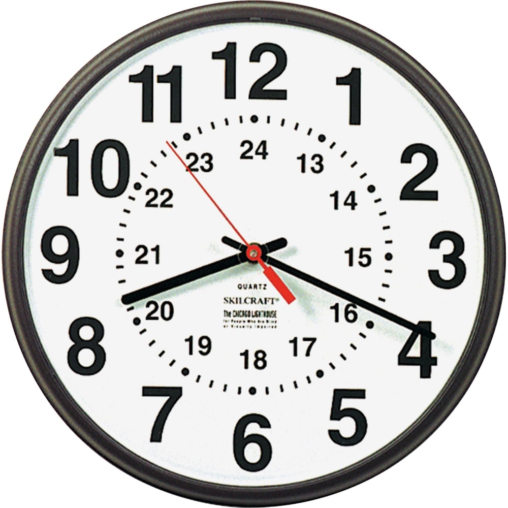 SKILCRAFT 24-Hour Clock, 12in Diameter, Dark Brown (AbilityOne 6645-01-342-8199)