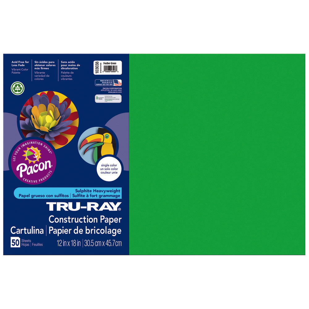 Tru-Ray Construction Paper, 50% Recycled, 12in x 18in, Festive Green, Pack Of 50