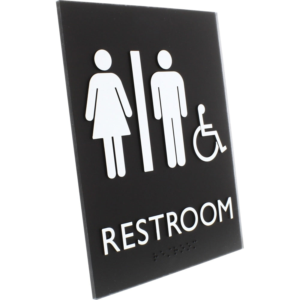 Lorell Unisex Handicap Restroom Sign - 1 Each - Restroom (Man/Woman/Wheelchair) Print/Message - 6.4in Width x 8.5in Height - Rectangular Shape - Surface-mountable - Easy Readability, Braille - Restroom - Plastic - Black, Black