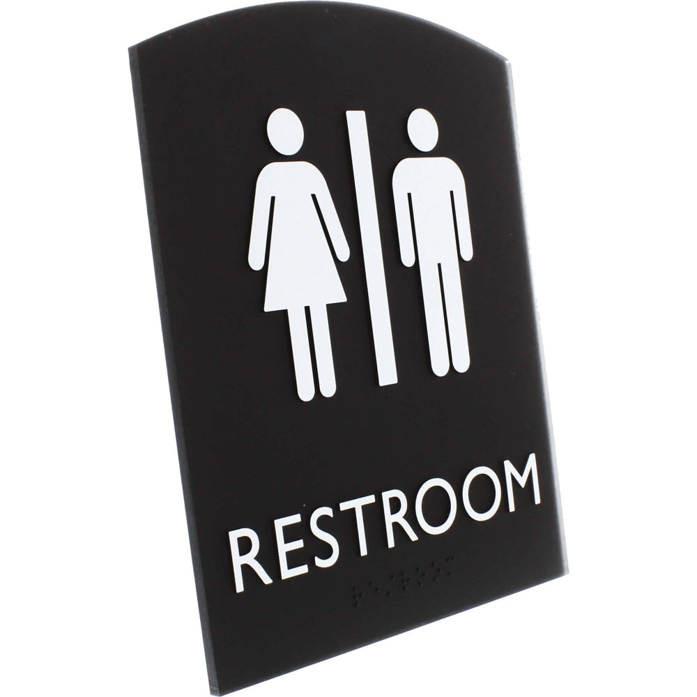 Lorell Arched Unisex Restroom Sign - 1 Each - 6.8in Width x 8.5in Height - Rectangular Shape - Surface-mountable - Easy Readability, Braille - Plastic - Black