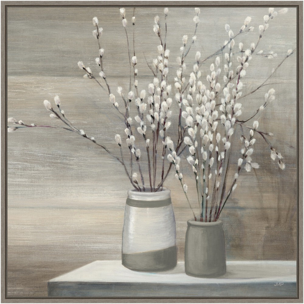 Amanti Art Pussy Willow Still Life Gray Pots Crop by Julia Purinton Framed Canvas Wall Art Print, 22in x 22in, Graywash