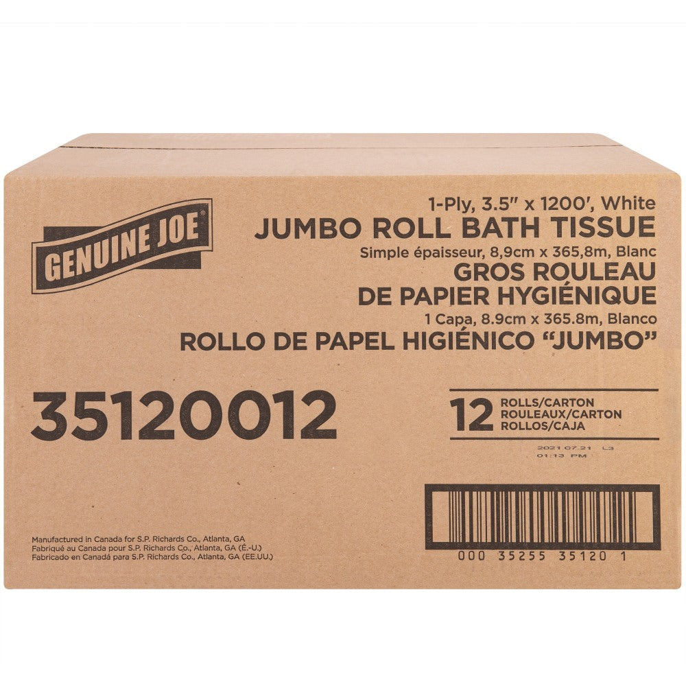 Genuine Joe 1-ply Jumbo Roll Bath Tissue - 1 Ply - 3.63in x 1200 ft - 8.88in Roll Diameter - White - Fiber - 12 / Carton