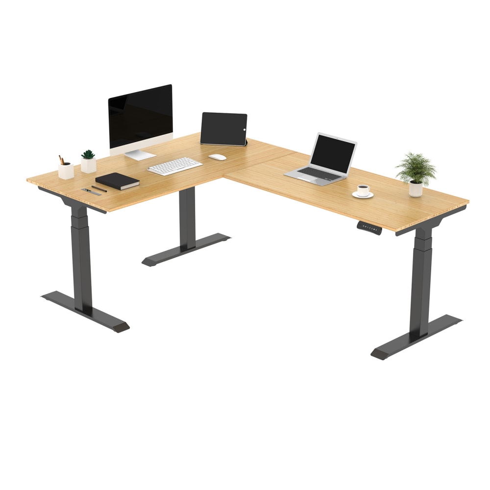 FlexiSpot E7L 76inW L-Shaped Electric Height-Adjustable Standing Desk, Bamboo/Black