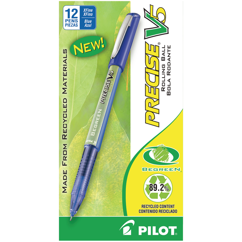 Pilot Precise V5 BeGreen Rollerball Pens, Extra-Fine Point, 0.5 mm, 89% Recycled, Blue Barrel, Blue Ink, Pack Of 12