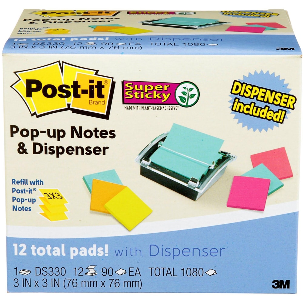 Post-it Super Sticky Pop Up Notes with Black Dispenser, 3 in x 3 in, 12 Pads, 90 Sheets/Pad, 2x the Sticking Power, Assorted Colors