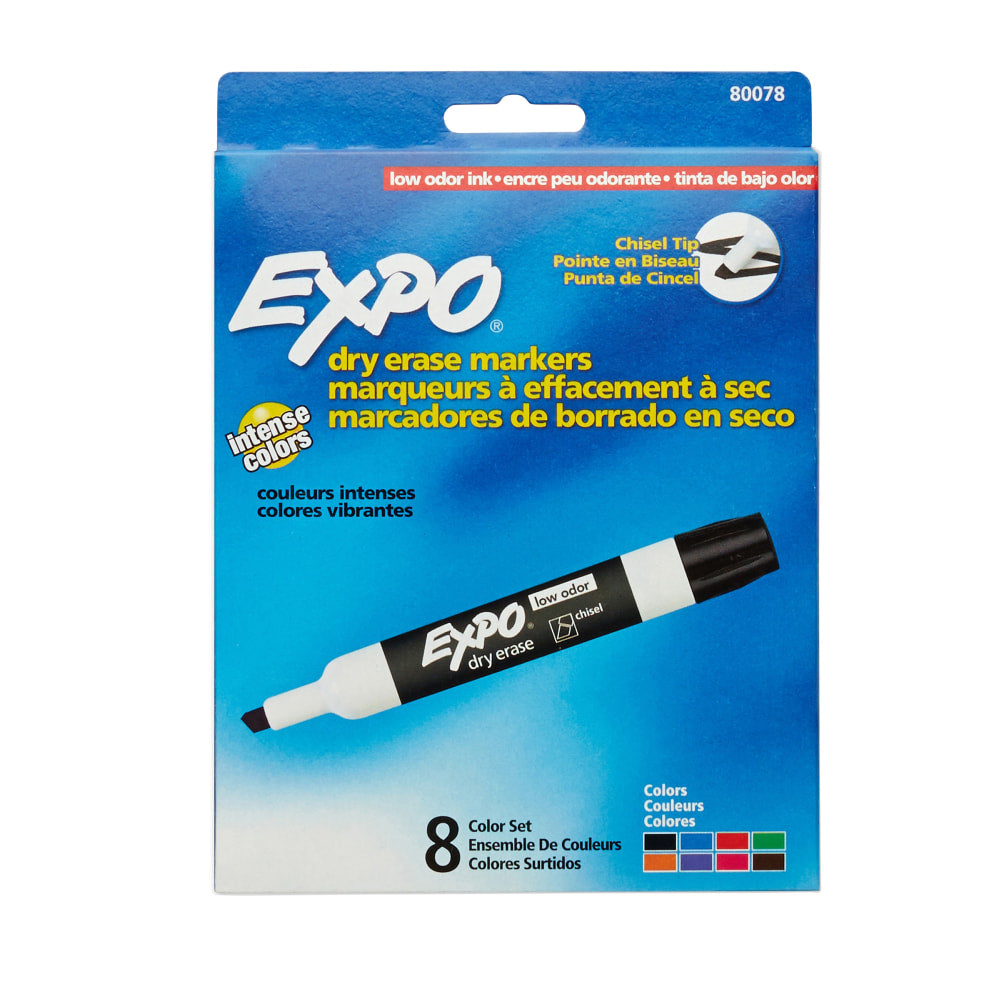 EXPO Low-Odor Dry-Erase Markers, Chisel Point, Assorted Colors, Pack Of 8