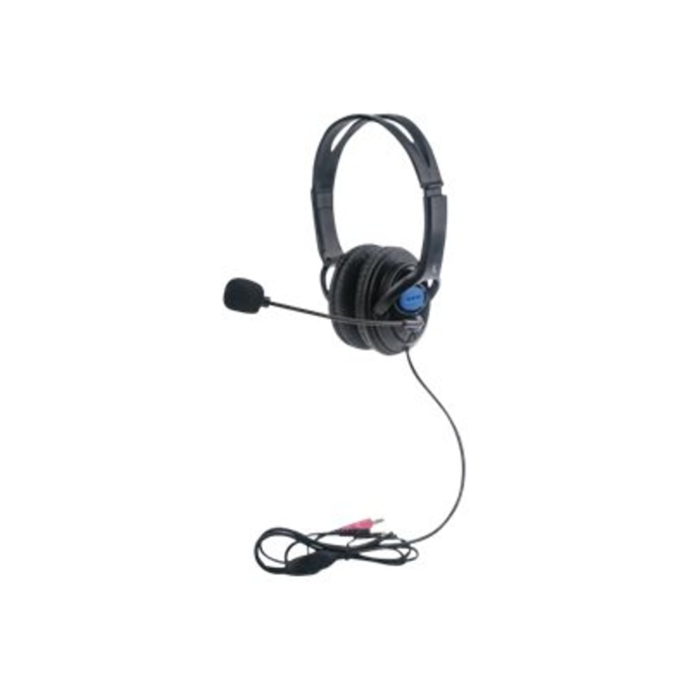 Manhattan Stereo Headset (Clearance Pricing), Lightweight, adjustable microphone, in-line volume control, padded cloth ear cushions, two 3.5mm jack input plugs, cable 2m, Black, 3 year warranty, Box - Headset - full size - wired - 3.5 mm jack - black