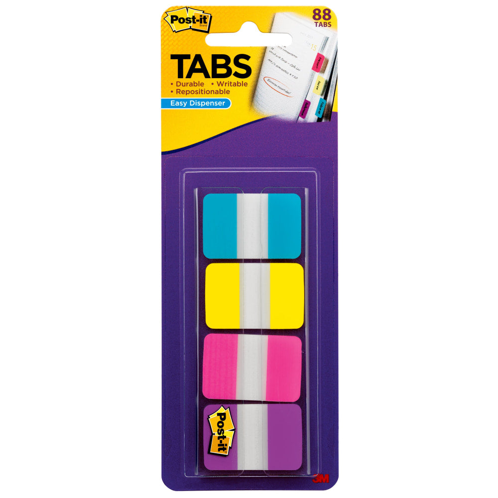 Post-it Tabs With On-The-Go Dispenser, 1in, Assorted Colors (686-AYPV1IN), Pack Of 88 Tabs; Aqua, Yellow, Pink, Violet