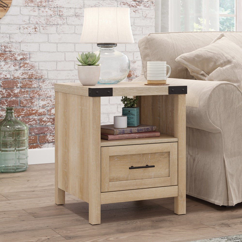 Sauder Bridge Acre Side Table With Lower Drawer, 23-5/8inH x 18-15/16inW x 18-15/16inD, Orchard Oak