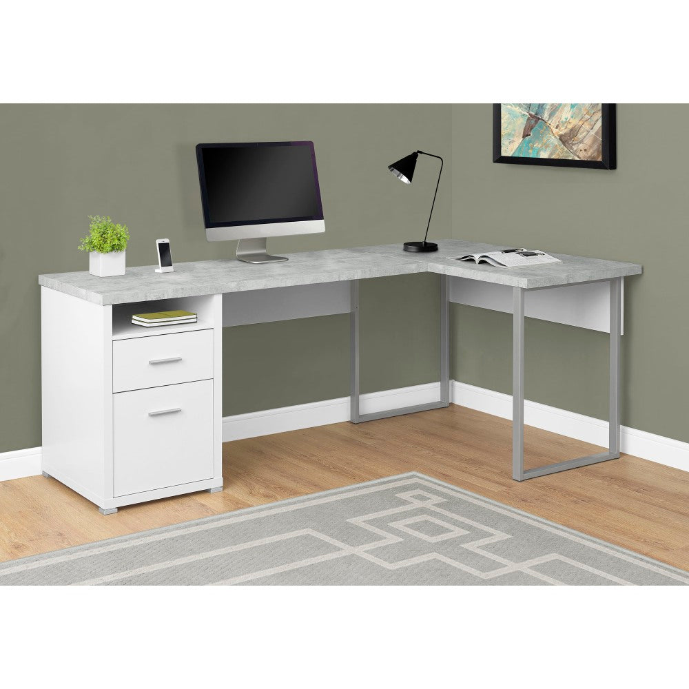 Monarch Specialties 79inW L-Shaped Corner Desk With 2 Drawers, Gray Cement/White