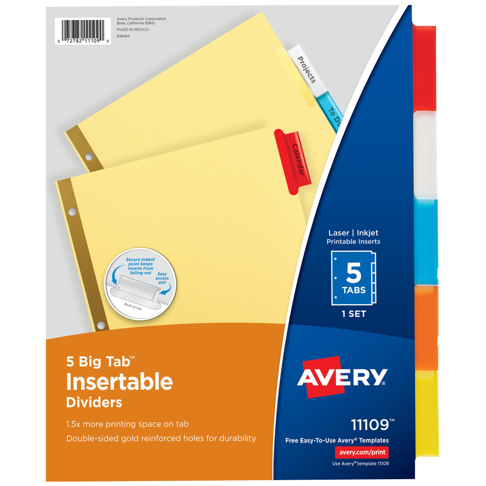 Avery Big Tab Insertable Dividers Gold Reinforced Edge, Buff/Multicolor, 5-Tab