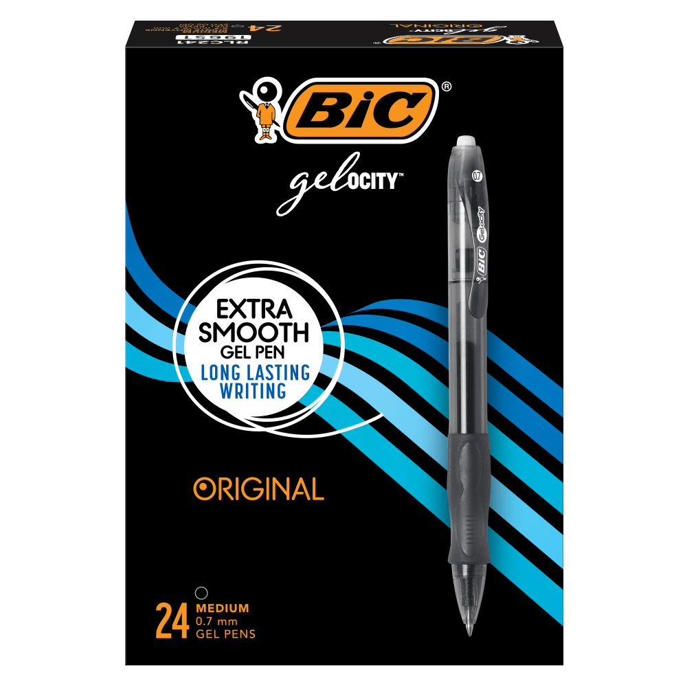 BIC Gel-ocity Retractable Gel Pens, Medium Point, 0.7 mm, Translucent Barrel, Black Ink, Pack Of 24