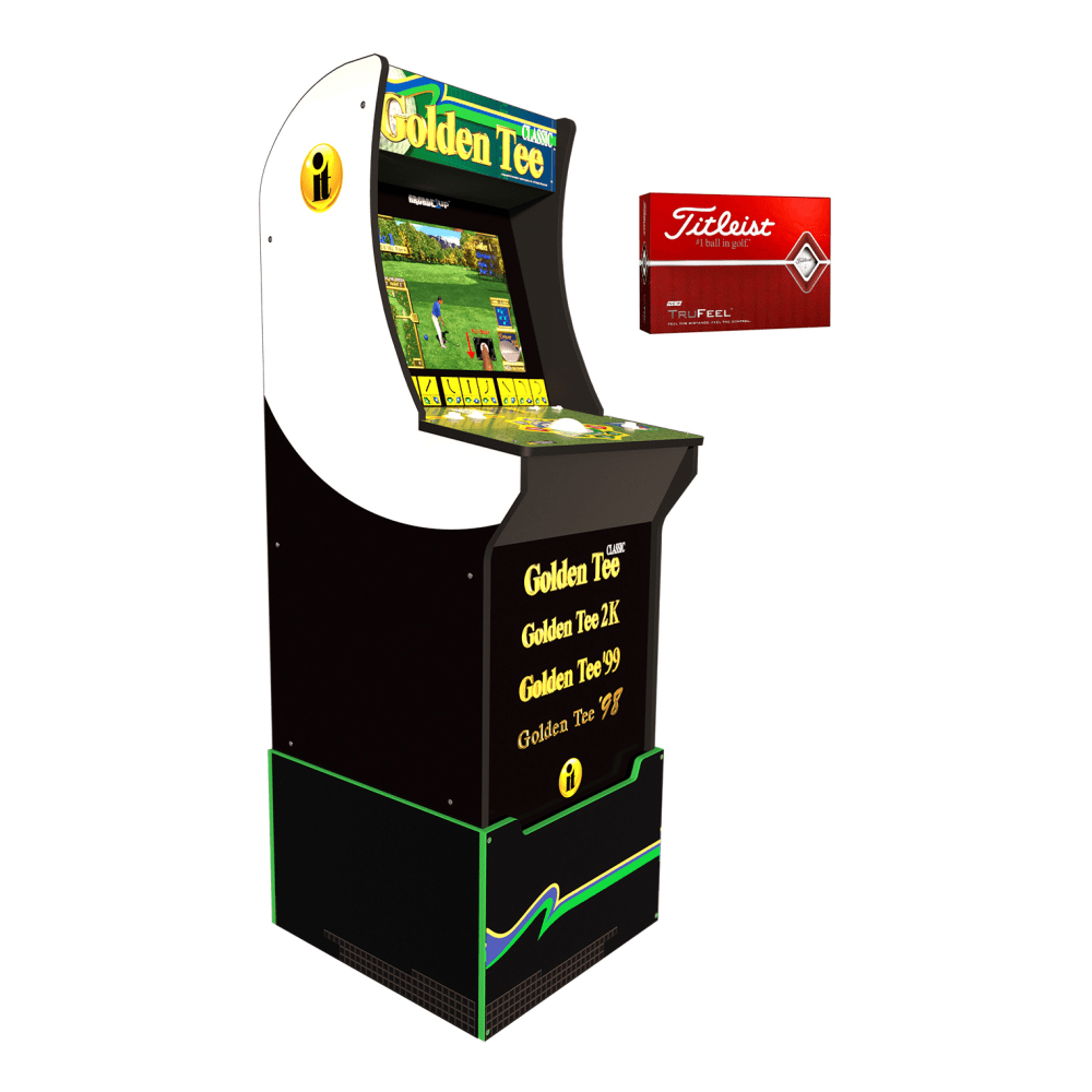 Arcade1Up Golden Tee Classic Home Arcade Cabinet With Riser And Titleist Golf Balls