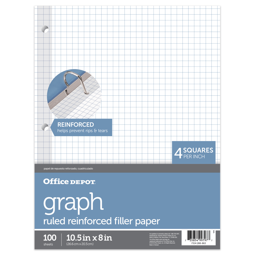 Office Depot Brand Reinforced Filler Paper, 8in x 10 1/2in, 16 Lb, Quadrille Ruled, White, Pack Of 100