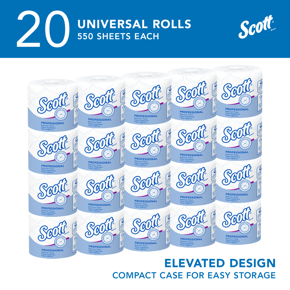 Scott Professional 2-Ply Standard Roll Toilet Paper with Elevated Design, 100% Recycled, 550 Sheets Per Roll, Pack Of 20 Rolls