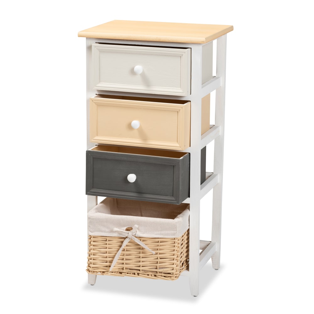 Baxton Studio Adonis 3-Drawer Storage Unit With Basket, 29-1/2inH x 14-5/8inW x 11-13/16inD, White/Multicolor