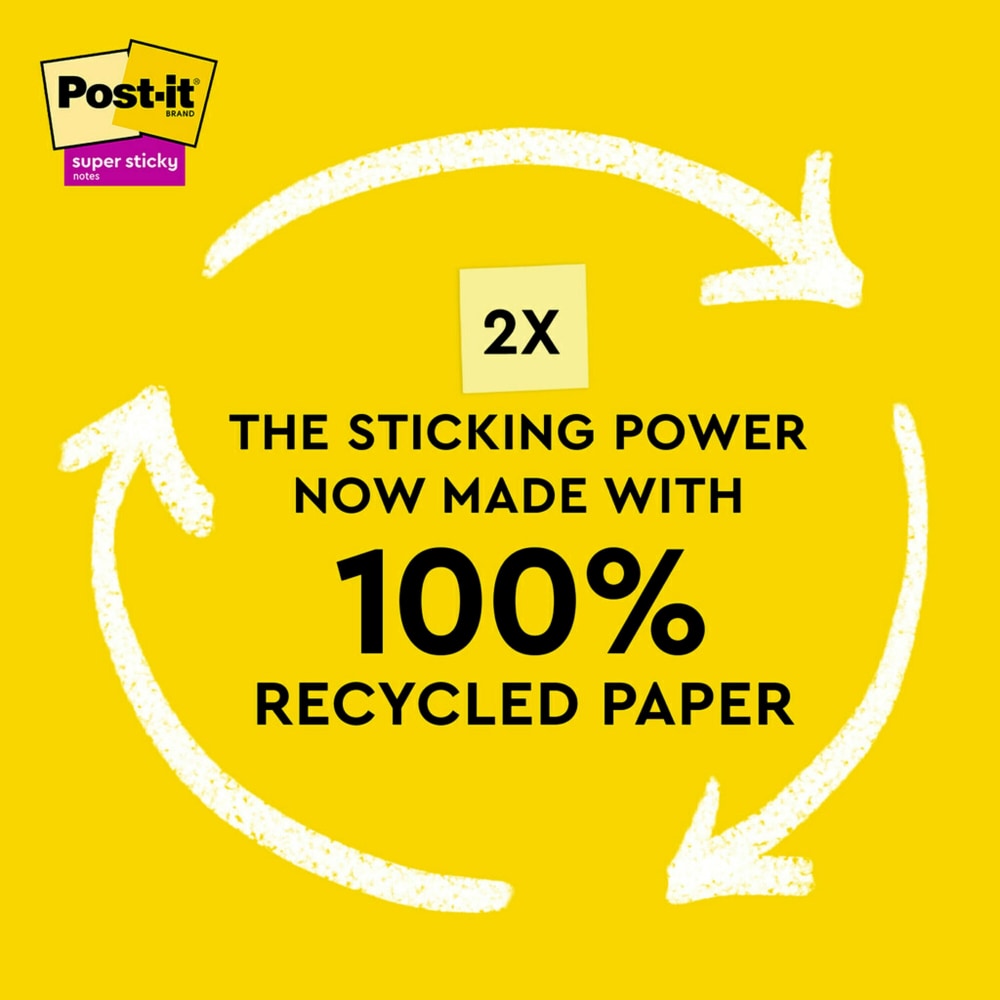 Post-it Super Sticky Recycled Notes, 3 in x 3 in, 24 Pads, 70 Sheets/Pad, 2x the Sticking Power, Canary Yellow, 100% Recycled